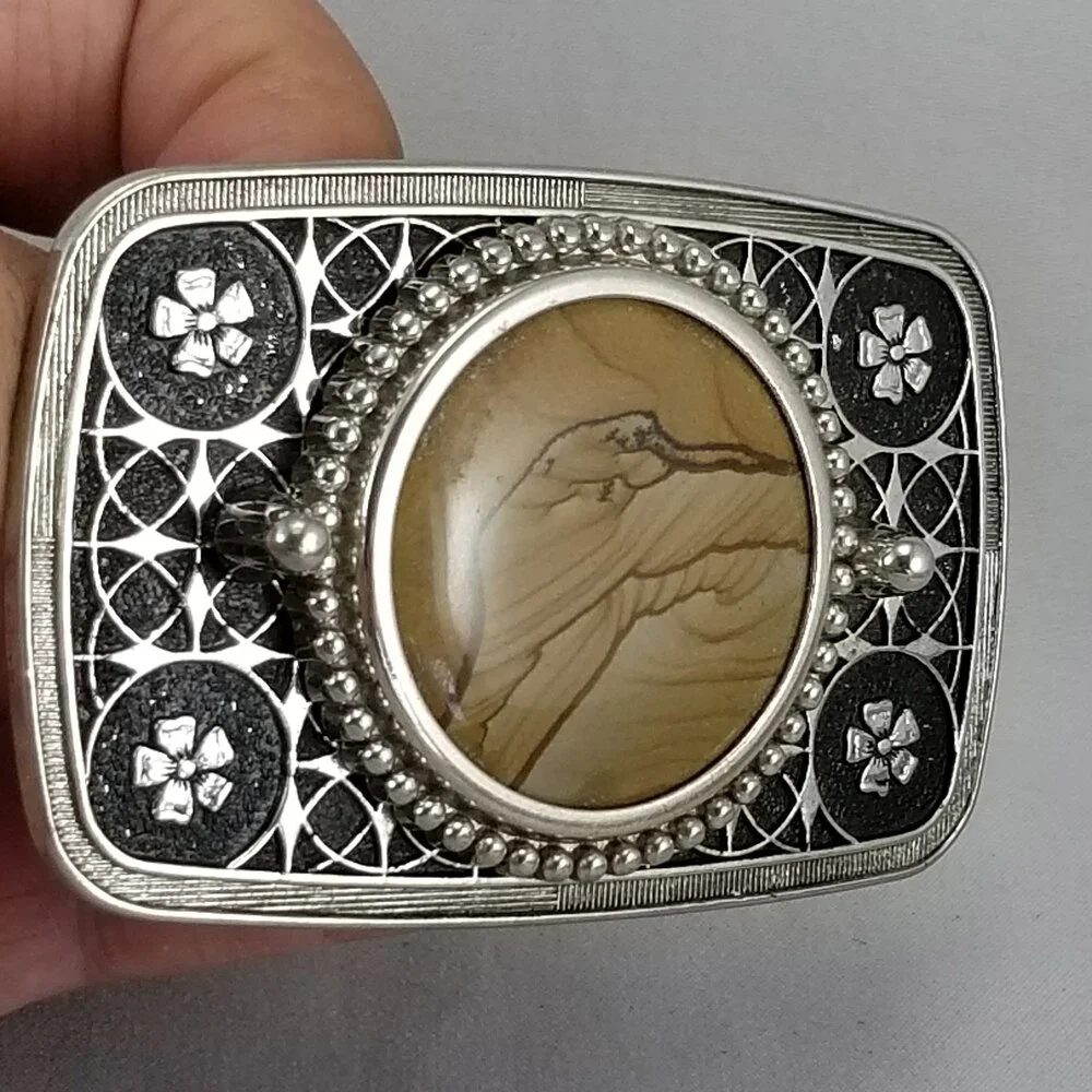 Vintage Belt Buckle Women's Unisex Western Filigree Stars Flowers Agate Cabochon
